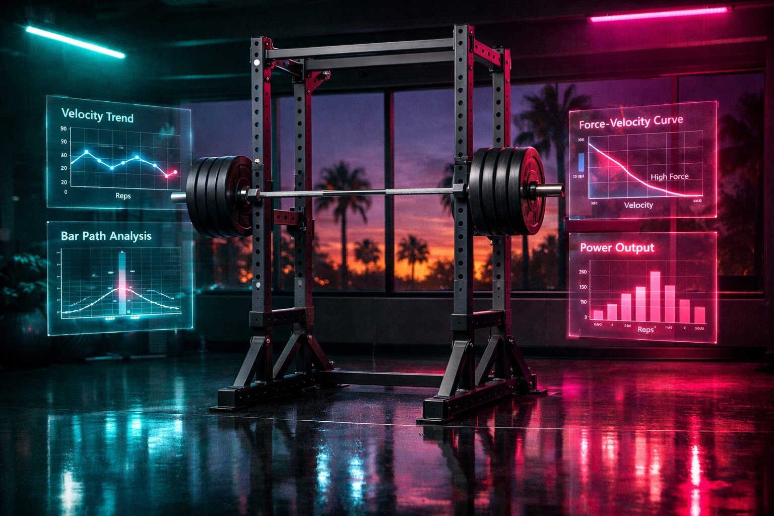 Squat rack with holographic VBT data screens showing velocity zones and performance metrics